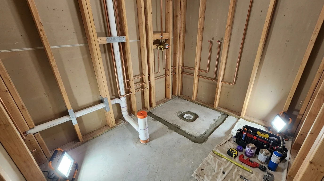 Bathroom rough-in plumbing during remodel by Johns Plumbing LLC in Abilene
