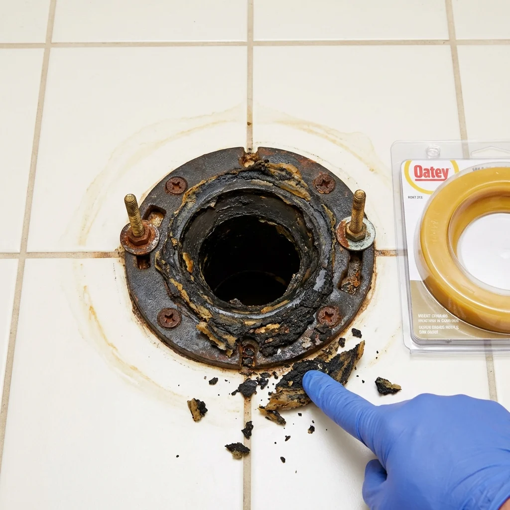 Failed wax ring showing water seepage at the base of a toilet in a Abilene, TX home